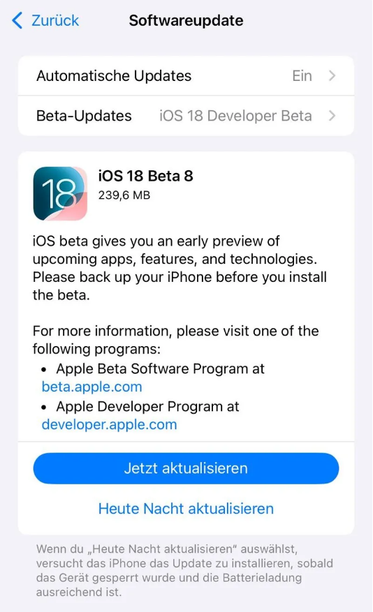 太和苹果手机维修分享苹果 iOS / iPadOS 18 开发者预览版 Beta 8 发布 